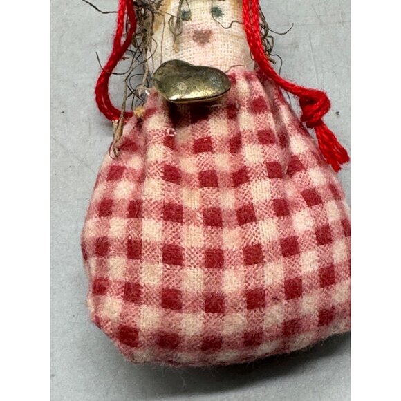 Vintage Handmade Cloth Doll Ornament With Red Gingham Dress & Heart Charm READ - Picture 3 of 6